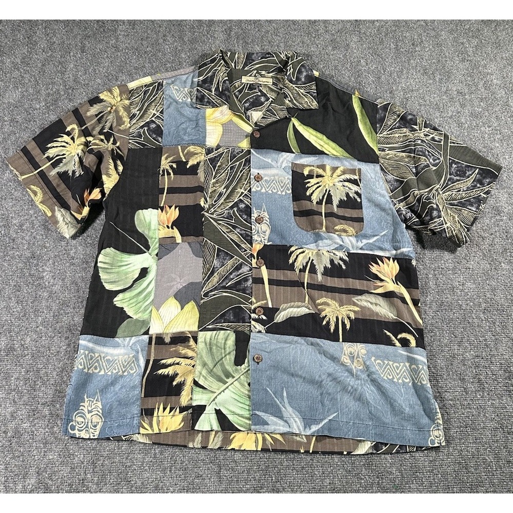 Tommy Bahama Mens M Silk Patchwork Floral Button Shirt Loop Collar VTG Rare